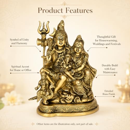 Kartique Brass Shiv Parivar Idol | Antique Finish Shiv Parvati Murti for Home, Pooja Room, and Decoration | Statue Height 7.75 Inch - Image 2