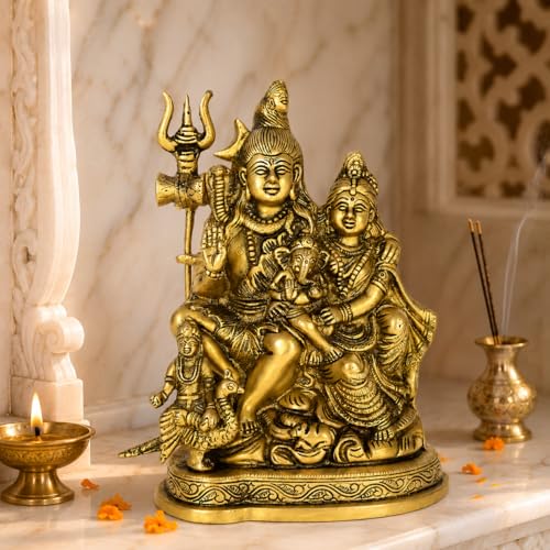 Kartique Brass Shiv Parivar Idol | Antique Finish Shiv Parvati Murti for Home, Pooja Room, and Decoration | Statue Height 7.75 Inch - Image 1