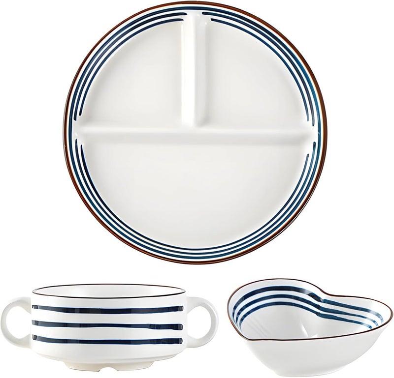 Ceramic Dinnerware Set, 3 Pcs, Divided Plate, Heart Bowl, Handled Cup, Japanese Style for Youngsters & Adults - Image 1