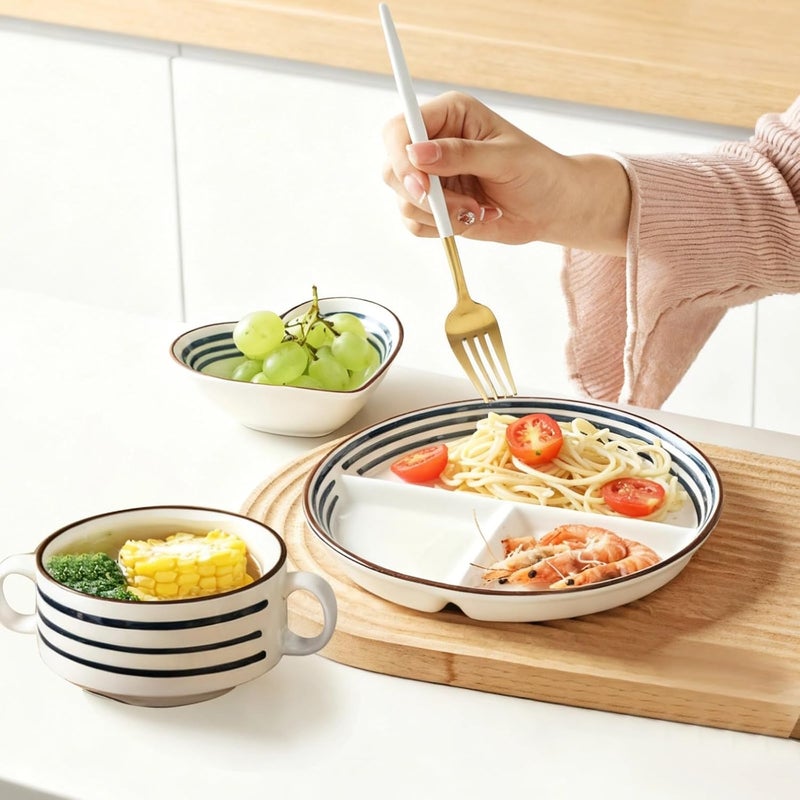 Ceramic Dinnerware Set, 3 Pcs, Divided Plate, Heart Bowl, Handled Cup, Japanese Style for Youngsters & Adults - Image 3