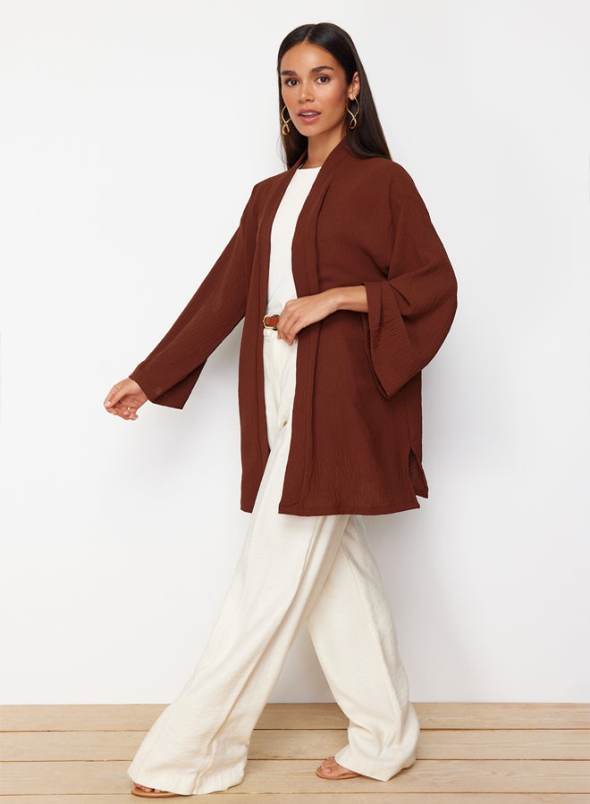 trendyol Brown Woven Linen Look Kimono - Image 1