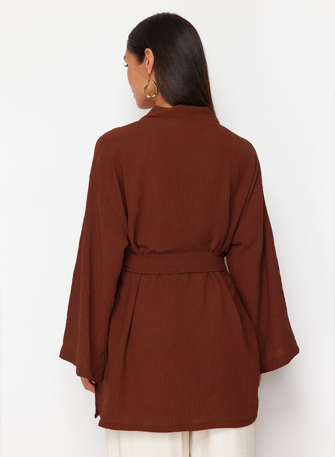 trendyol Brown Woven Linen Look Kimono - Image 5
