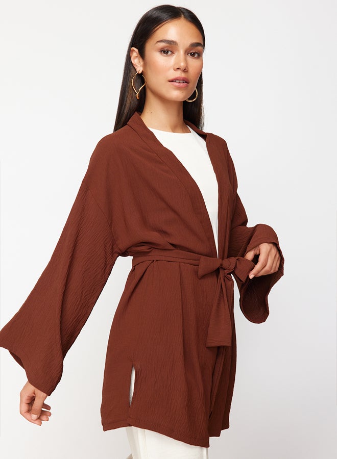 trendyol Brown Woven Linen Look Kimono - Image 3