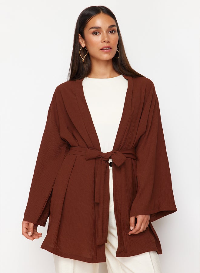 trendyol Brown Woven Linen Look Kimono - Image 2