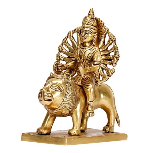 ARTVARKO Brass Maa Durga Idol Sitting On Lion Ma Sherwali Murti Vaishno Devi Modeshwari MATA Statue for Home Mandir Office Navratra Puja 9 Inch - Image 4