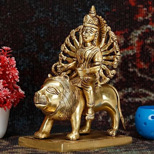ARTVARKO Brass Maa Durga Idol Sitting On Lion Ma Sherwali Murti Vaishno Devi Modeshwari MATA Statue for Home Mandir Office Navratra Puja 9 Inch - Image 1