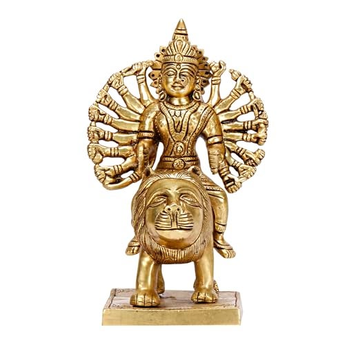 ARTVARKO Brass Maa Durga Idol Sitting On Lion Ma Sherwali Murti Vaishno Devi Modeshwari MATA Statue for Home Mandir Office Navratra Puja 9 Inch - Image 2