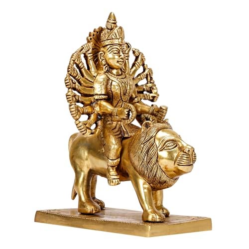 ARTVARKO Brass Maa Durga Idol Sitting On Lion Ma Sherwali Murti Vaishno Devi Modeshwari MATA Statue for Home Mandir Office Navratra Puja 9 Inch - Image 3