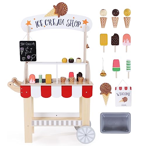 labebe Wooden Ice Cream Cart for Kids Toddler Ice Cream Truck PullAlong Pretend Play Stand for 38Y Children Role Play ice cream toy Trolley with Blackboard ringbell Icelolly for 36M Girls Boys - Image 1
