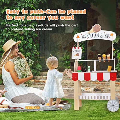 labebe Wooden Ice Cream Cart for Kids Toddler Ice Cream Truck PullAlong Pretend Play Stand for 38Y Children Role Play ice cream toy Trolley with Blackboard ringbell Icelolly for 36M Girls Boys - Image 5
