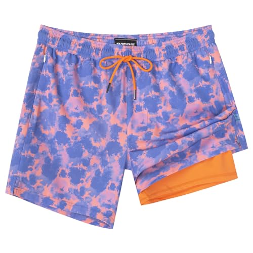 SURF CUZ Mens Swim Trunks with Compression Liner Mens Swimming Trunks 5 Inch Bathing Suit with Zipper Pockets Quick Dry Swim Shorts Orange Tie Dye Medium - Image 1
