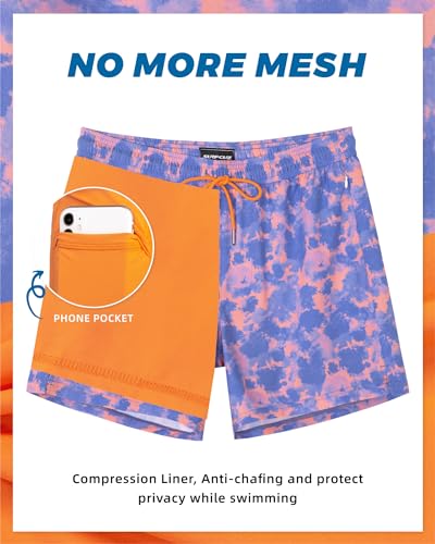 SURF CUZ Mens Swim Trunks with Compression Liner Mens Swimming Trunks 5 Inch Bathing Suit with Zipper Pockets Quick Dry Swim Shorts Orange Tie Dye Medium - Image 2