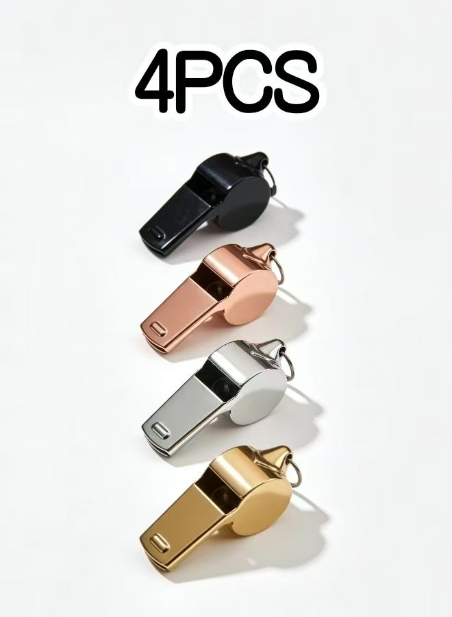 4 قطع صافرة رياضية من الفولاذ المقاوم للصدأ مع حبل للمدربين والحكام والطوارئ والرياضات الخارجية باللون الأسود والفضي والذهبي والوردي الذهبي - Image 1