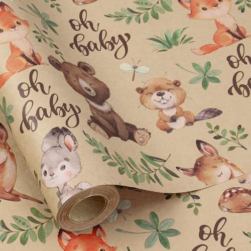 RUSPEPA Jungle Animal Wrapping Paper Roll Mini Roll Woodland Animal Design with Oh Baby Text Design Kraft Gift Wrap for Baby Shower Newborn Gifts and Gender Reveal 17 Inches x 98 Feet - Image 1
