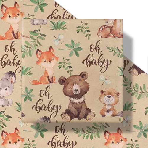 RUSPEPA Jungle Animal Wrapping Paper Roll Mini Roll Woodland Animal Design with Oh Baby Text Design Kraft Gift Wrap for Baby Shower Newborn Gifts and Gender Reveal 17 Inches x 98 Feet - Image 3