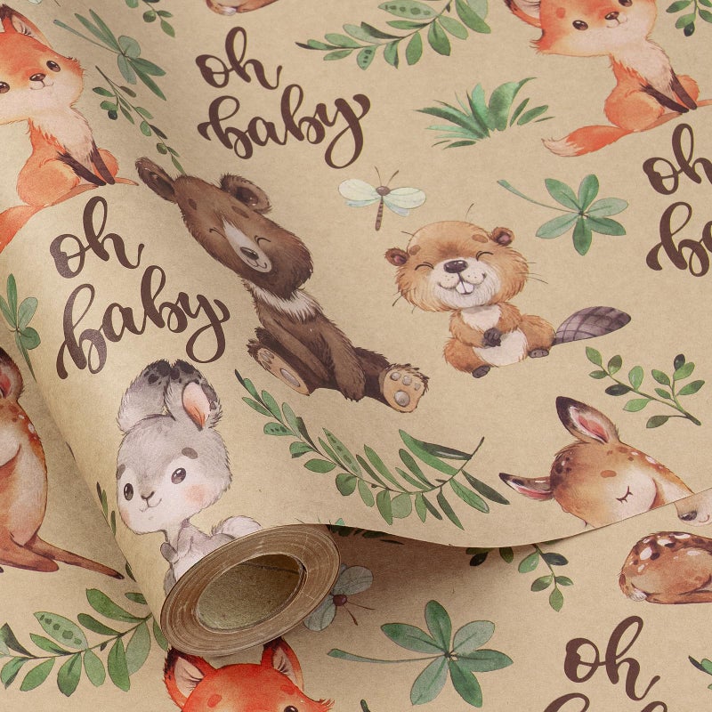 RUSPEPA Jungle Animal Wrapping Paper Roll Mini Roll Woodland Animal Design with Oh Baby Text Design Kraft Gift Wrap for Baby Shower Newborn Gifts and Gender Reveal 17 Inches x 98 Feet - Image 2