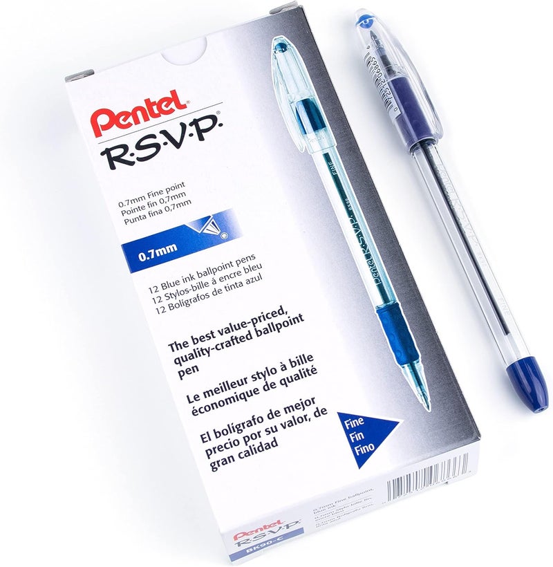 Pentel RSVP Ballpoint Pen, (0.7mm) Fine Line, Blue Ink, Box of 12 (BK90-C) - Image 1