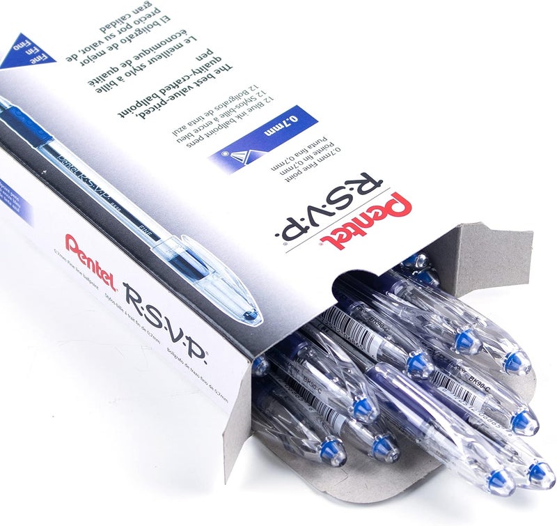 Pentel RSVP Ballpoint Pen, (0.7mm) Fine Line, Blue Ink, Box of 12 (BK90-C) - Image 5