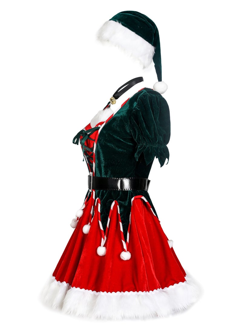 Santa Costume for Women Mrs. Santa Claus Costume Cosplay Christmas Dress Costume Hooded Fluffy Velvet with Belt , Santa hat and Gloves for Christmas - Image 2