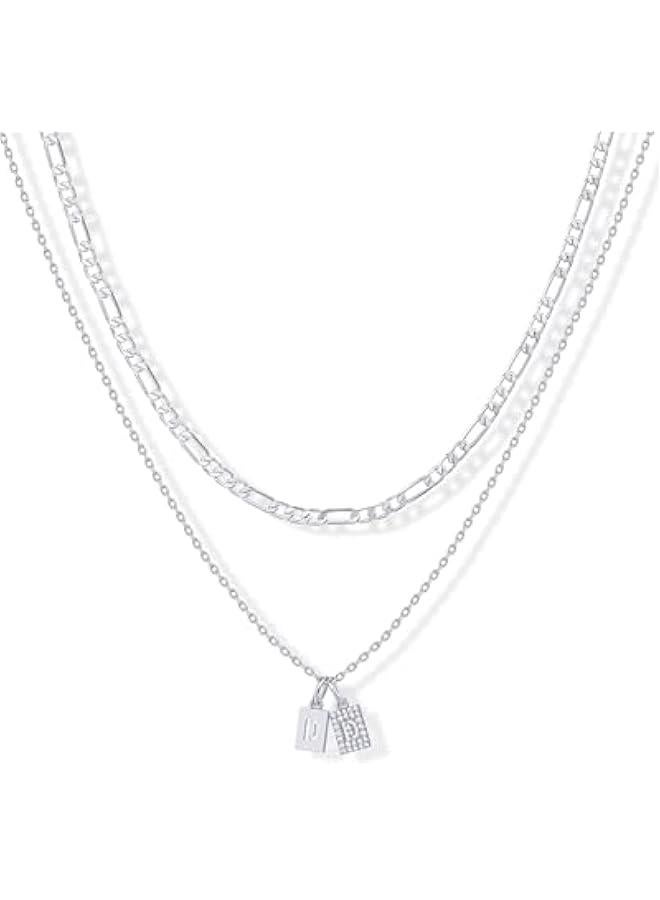 PAVOI 14K Gold Plated Initial Letter Double Dog Tag Pendant Necklace | Dainty Cubic Zirconia Letter Tag Round Box Chain Necklaces for Women - Image 1
