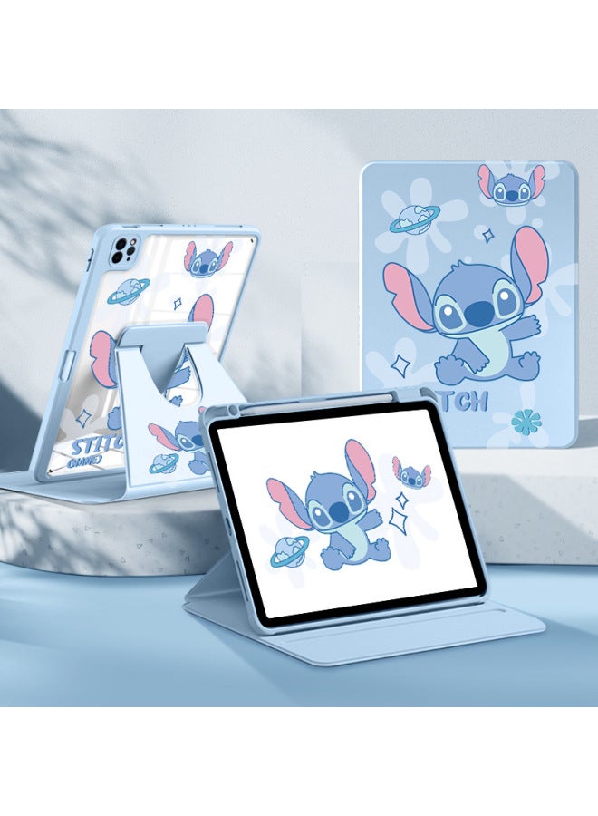 Cute Ding-dang Cat Ipadair6 Protective Cover 10.2/9.7 Inch Flat Pro11 Cartoon Painted Mini7-Color:Stitch 【double-sided 720°Rotation-anti-bending Acrylic Book Type + Pen Tray】-Applicable Models:Ipadpro21/22 Version 【 11inch 】