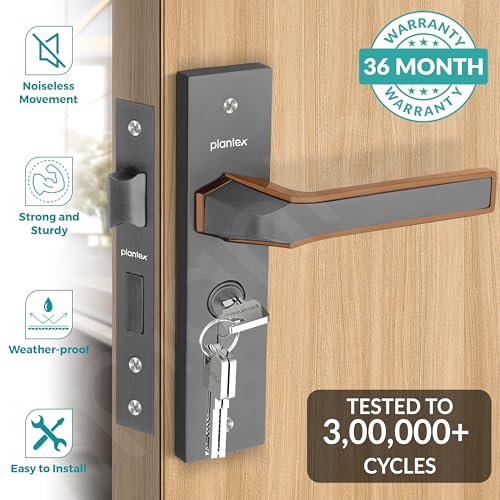 Plantex Heavy Duty Door Lock Set - Main Door Lock Handle Set/Mortise Locks with 3 Keys, Brass Body & Cylinder (8126 - Grey & PVD Choco) - Image 2