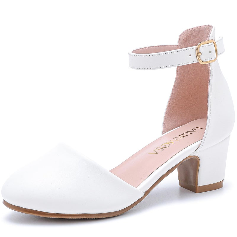 LAURMOSA Girls White Dress Shoes Heels for Girls Princess Flower Girl for Wedding Easter Church First Communion Closed Toe Ankle Strap Pumps Shoes for Little Big Kids(L1012White 5) - Image 1
