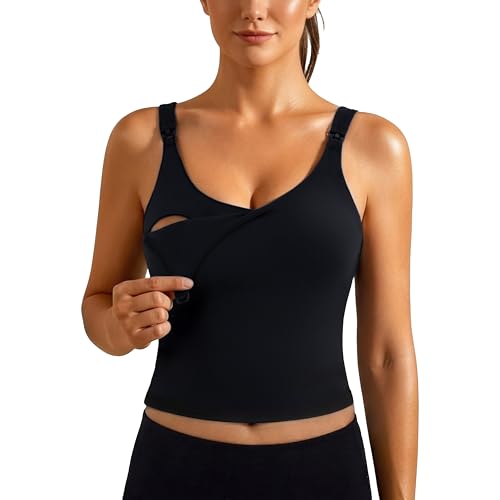 Ecavus Nursing Bras for Breastfeeding Longline Sports Maternity V Neck Buttery Soft Crop Tank Top with Built in Bra Black - Image 1