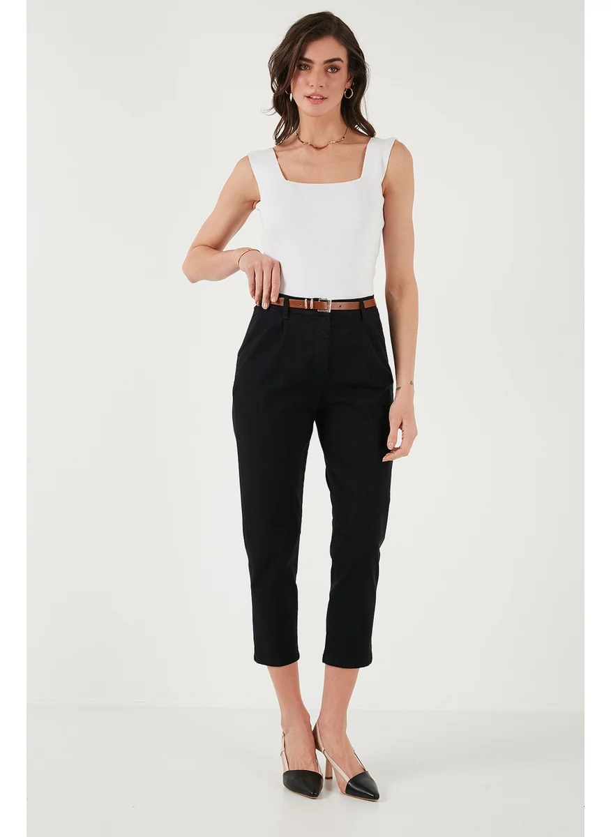 Lela Stretch Cotton Regular Fit High Waist Straight Crop Top Belted Trousers Women's Trousers 668YP5335