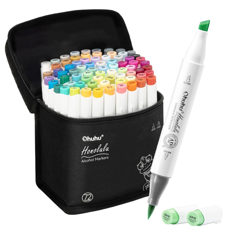 Ohuhu Alcohol Markers Brush Tip - Double Tipped Art Marker Set for Artist Illustration - 72 Colors - Chisel & Brush Dual Tips - Honolulu - Refillable - Image 1