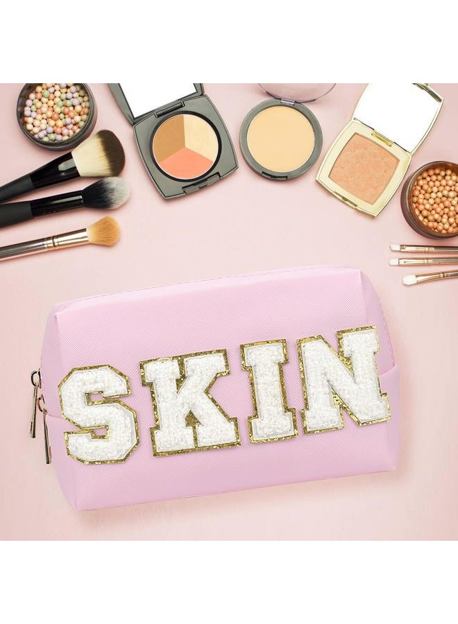 Gosuoa Preppy Patch Makeup Bag, Smile Lightning Heart PU Leather Portable Waterproof Preppy Cosmetic Bag, Daily Use Cute Travel Toiletry Bag for Women Girls, Pink SKIN, Preppy Patch - Image 4