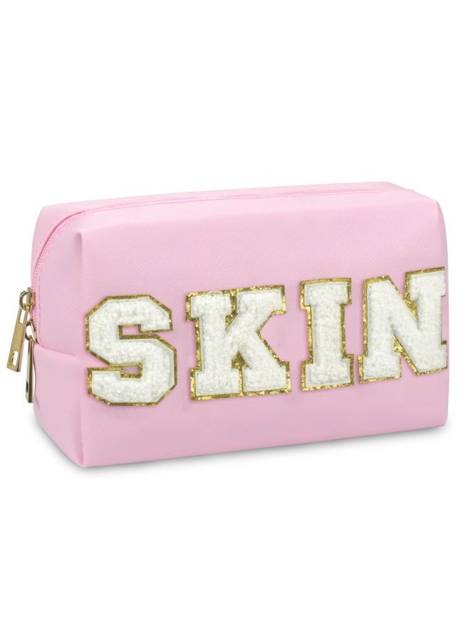 Gosuoa Preppy Patch Makeup Bag, Smile Lightning Heart PU Leather Portable Waterproof Preppy Cosmetic Bag, Daily Use Cute Travel Toiletry Bag for Women Girls, Pink SKIN, Preppy Patch - Image 1