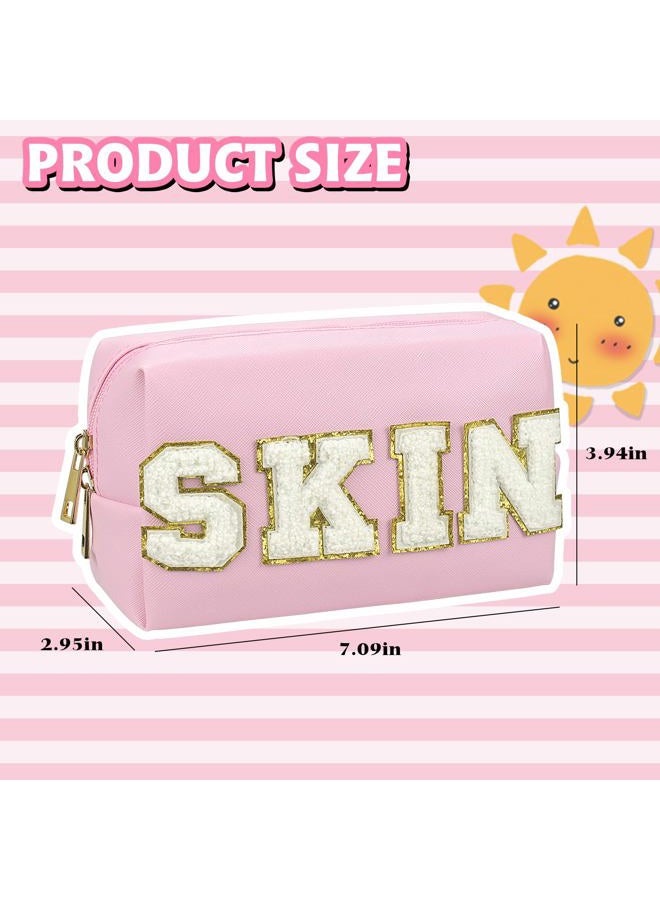 Gosuoa Preppy Patch Makeup Bag, Smile Lightning Heart PU Leather Portable Waterproof Preppy Cosmetic Bag, Daily Use Cute Travel Toiletry Bag for Women Girls, Pink SKIN, Preppy Patch - Image 2