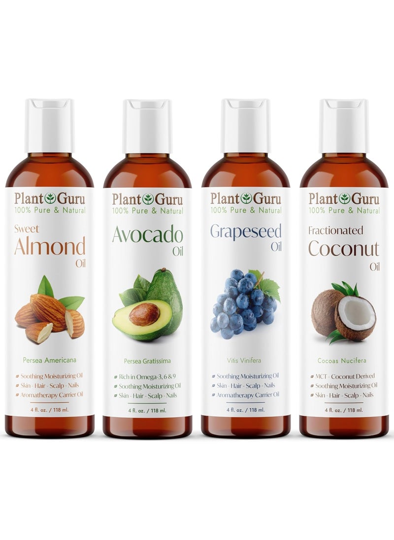 Plant Guru Carrier Oil Variety Set 4 oz. Cold Pressed 100% Pure Natural Sweet Almond, Avocado, Coconut Fractionated, Grapeseed. for Aromatherapy Essential Oils, Skin & Hair Growth, Moisturizer, Body Massage. 