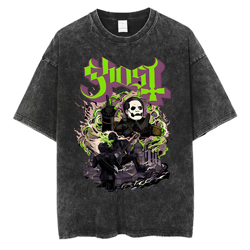 T-Shirt T-Shirt Band Station Gothic Comfortable Washed Men And Women Loose Ghost 2025 Independent Retro New Style - Image 1