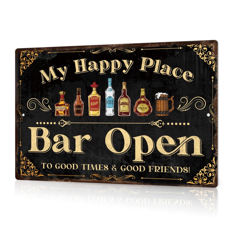 Putuo Decor Home Bar Sign Retro Metal Tin Sign My Happy Place Bar Open 12 x 8 Inches