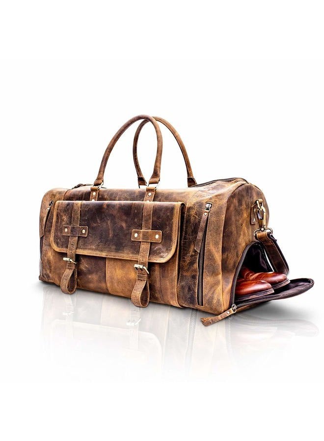 KomalC 24 Inch Leather Duffle Bags for Men and Women Travel Overnight Weekend Bag Sports Gym Duffel for Men, Brown, 24 inches, Brown Tan With Shoe Pocket - Image 2