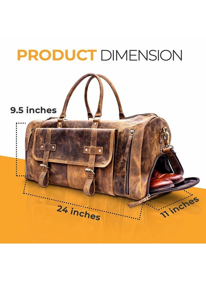 KomalC 24 Inch Leather Duffle Bags for Men and Women Travel Overnight Weekend Bag Sports Gym Duffel for Men, Brown, 24 inches, Brown Tan With Shoe Pocket - Image 5