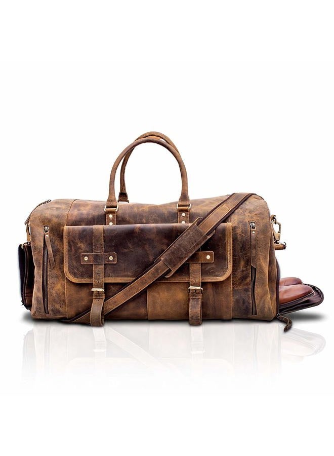 KomalC 24 Inch Leather Duffle Bags for Men and Women Travel Overnight Weekend Bag Sports Gym Duffel for Men, Brown, 24 inches, Brown Tan With Shoe Pocket - Image 1