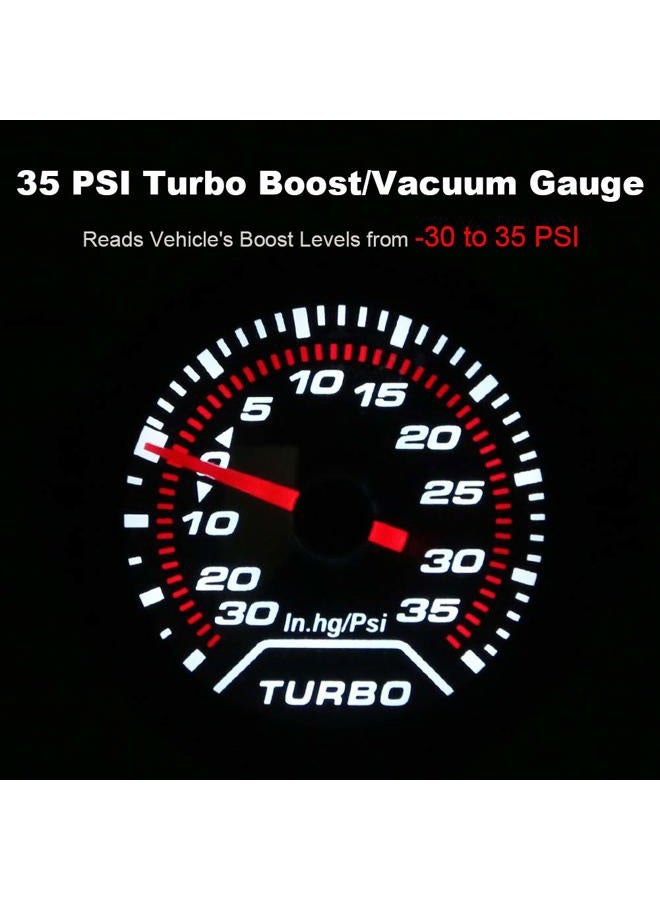 Waterwich 35 PSI Turbo Boost/Vacuum Gauge Meter Kit Includes Mechanical Hose & T-Fitting - Black Dial - Clear Lens 2" 52mm 12V Universal for Car Truck - Image 2