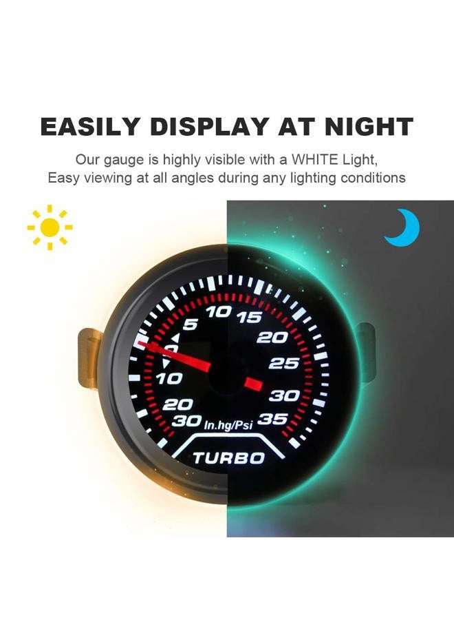Waterwich 35 PSI Turbo Boost/Vacuum Gauge Meter Kit Includes Mechanical Hose & T-Fitting - Black Dial - Clear Lens 2" 52mm 12V Universal for Car Truck - Image 4