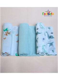 Baby Swaddle Set 3-Pieces Baby Cover, Soft & Breathable Baby Cloth, Perfect for Sleep & Cuddles, Multi-function Baby Blanket for Age 0+ months - Green Teddy/Dinosaur/Blue Solid Collections