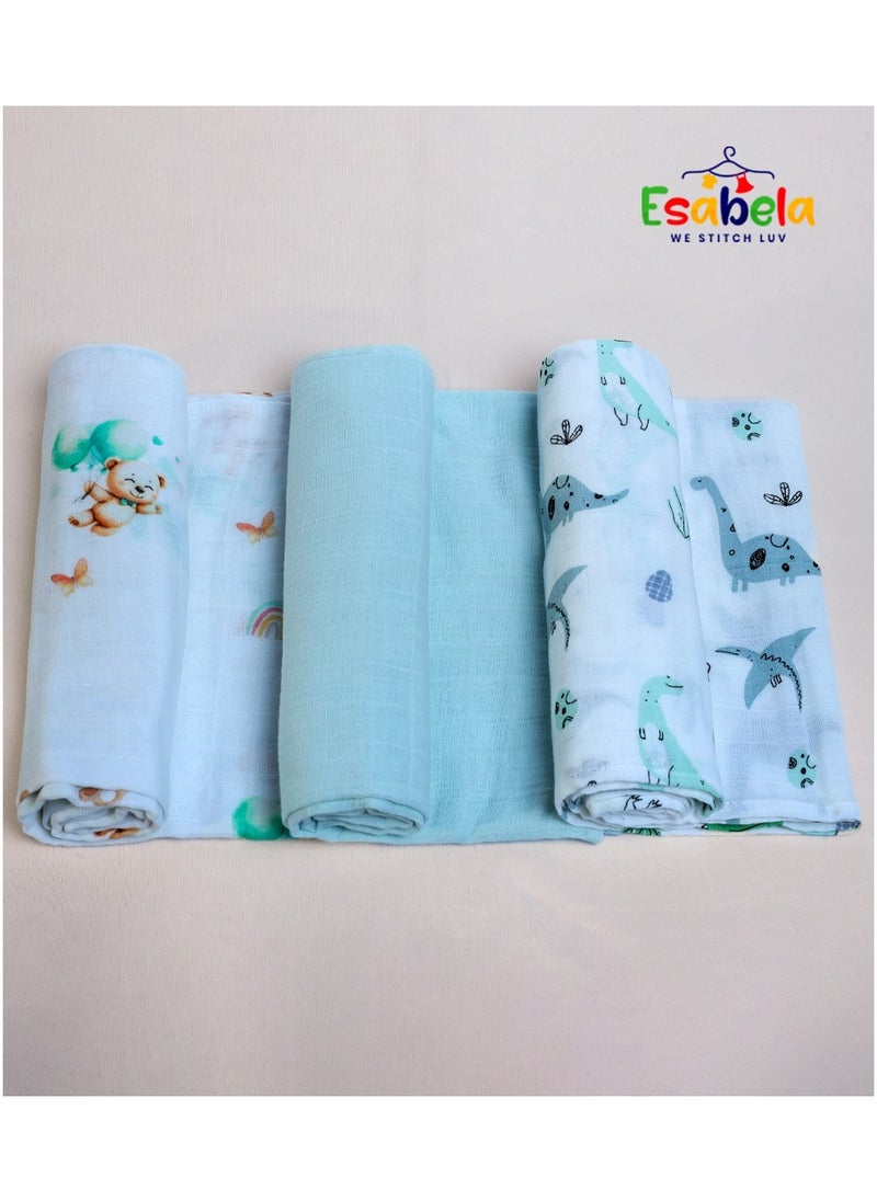 Esabela - Baby Swaddle Set 3-Pieces Baby Cover, Soft & Breathable Baby Cloth, Perfect for Sleep & Cuddles, Multi-function Baby Blanket for Age 0+ months - Green Teddy/Dinosaur/Blue Solid Collections - Image 1
