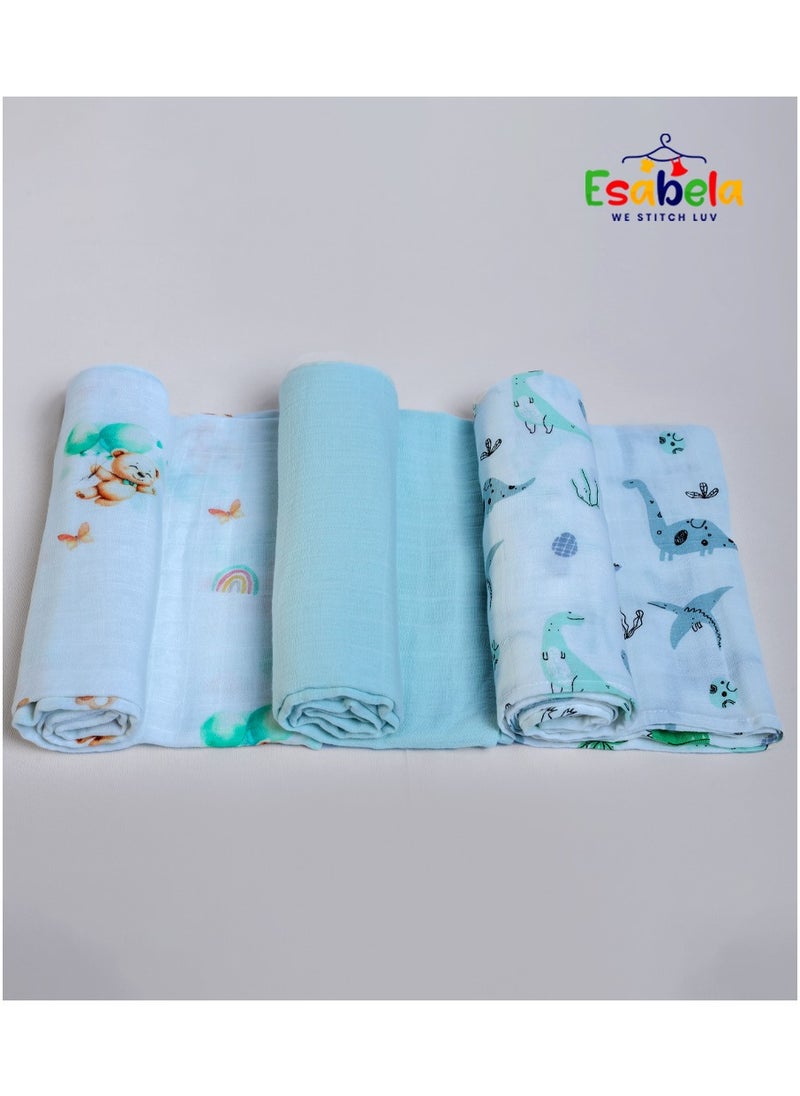 Esabela - Baby Swaddle Set 3-Pieces Baby Cover, Soft & Breathable Baby Cloth, Perfect for Sleep & Cuddles, Multi-function Baby Blanket for Age 0+ months - Green Teddy/Dinosaur/Blue Solid Collections - Image 1