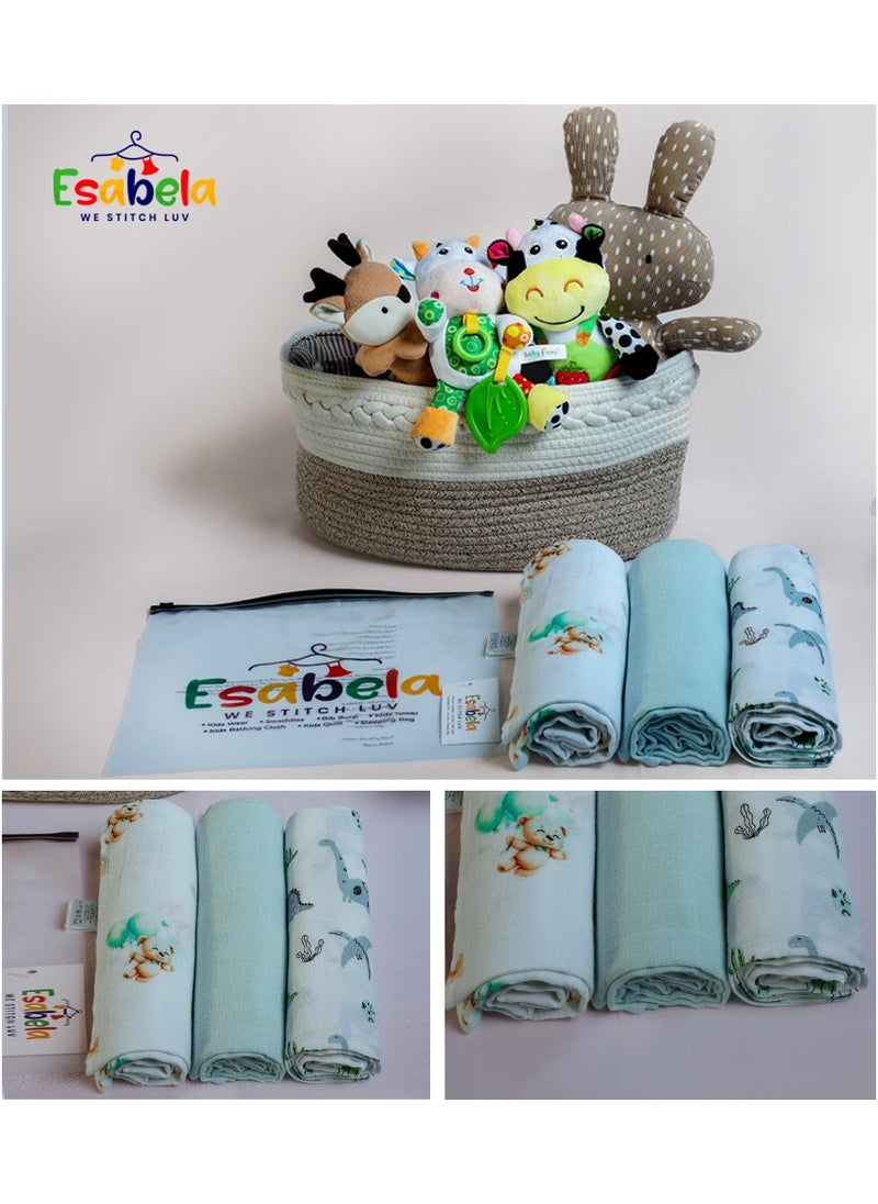 Esabela - Baby Swaddle Set 3-Pieces Baby Cover, Soft & Breathable Baby Cloth, Perfect for Sleep & Cuddles, Multi-function Baby Blanket for Age 0+ months - Green Teddy/Dinosaur/Blue Solid Collections - Image 1
