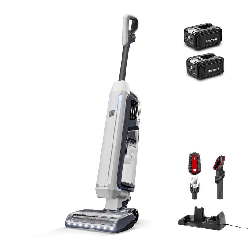 Kenmore مكنسة كينمور CU7005 اللاسلكية العمودية 24 فولت مع فوهة إزالة الشعر LiftUp ومحرك بدون فرشاة تصل إلى 80 دقيقة من وقت التشغيل فلتر HEPA شاشة LED للسجاد والأرضيات الصلبة والحيوانات الأليفة باللون الأبيض