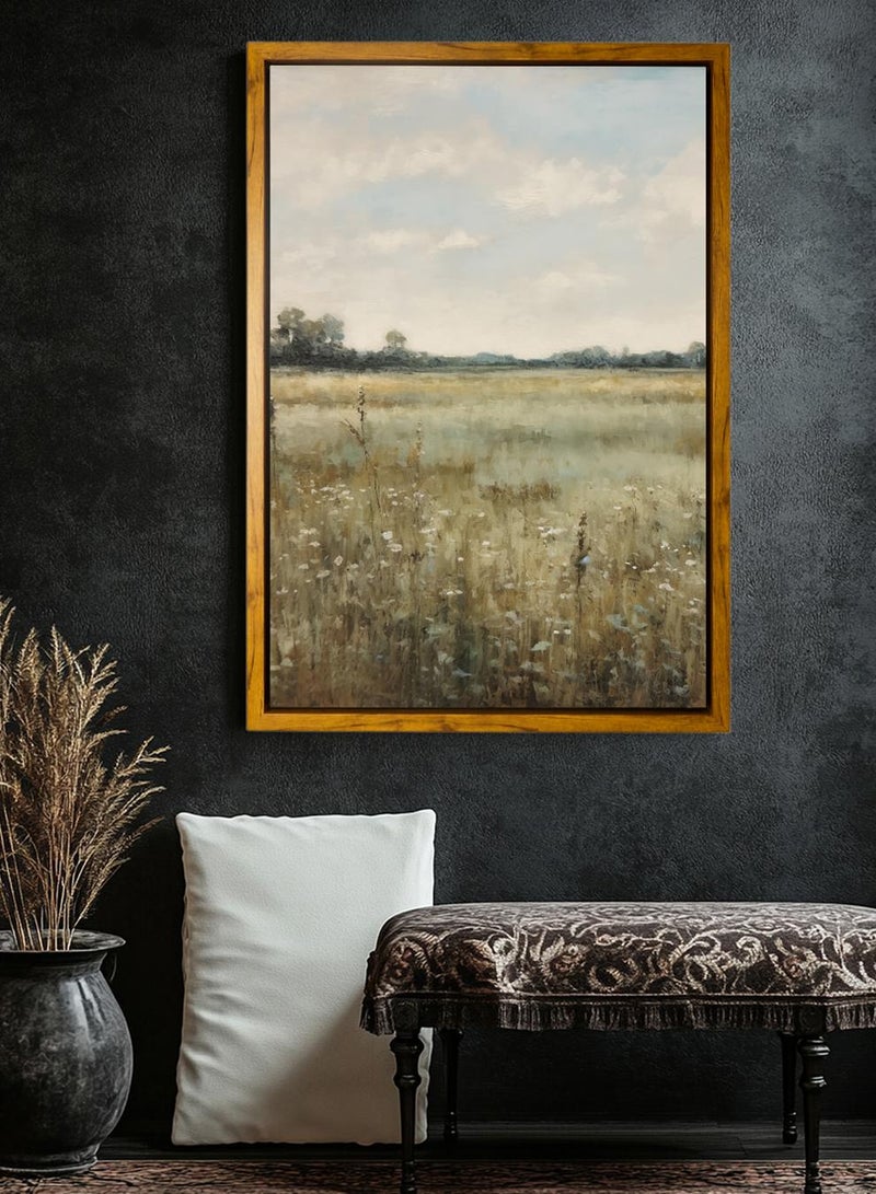 لوحة كانفاس على إطار خشبي بإطار خارجي باللون الخشبي وتصميم كلاسيكي للزهوروالنباتات - Image 1