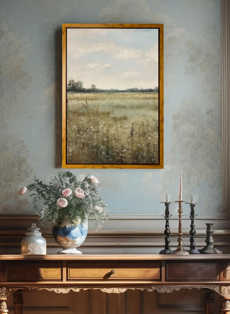 LOWHA Canvas Wall Art Stretched Over Wooden Frame with Wooden Color Floating Frame and Vintage Style Flowers and Planet View Painting
