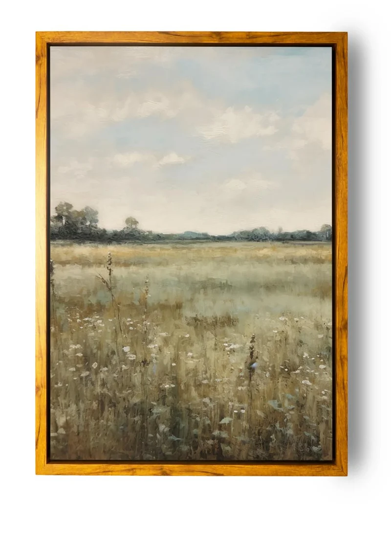 LOWHA Canvas Wall Art Stretched Over Wooden Frame with Wooden Color Floating Frame and Vintage Style Flowers and Planet View Painting