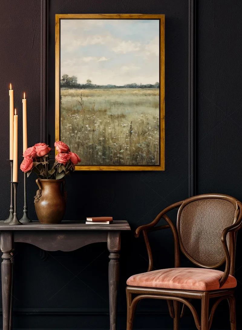 LOWHA Canvas Wall Art Stretched Over Wooden Frame with Wooden Color Floating Frame and Vintage Style Flowers and Planet View Painting